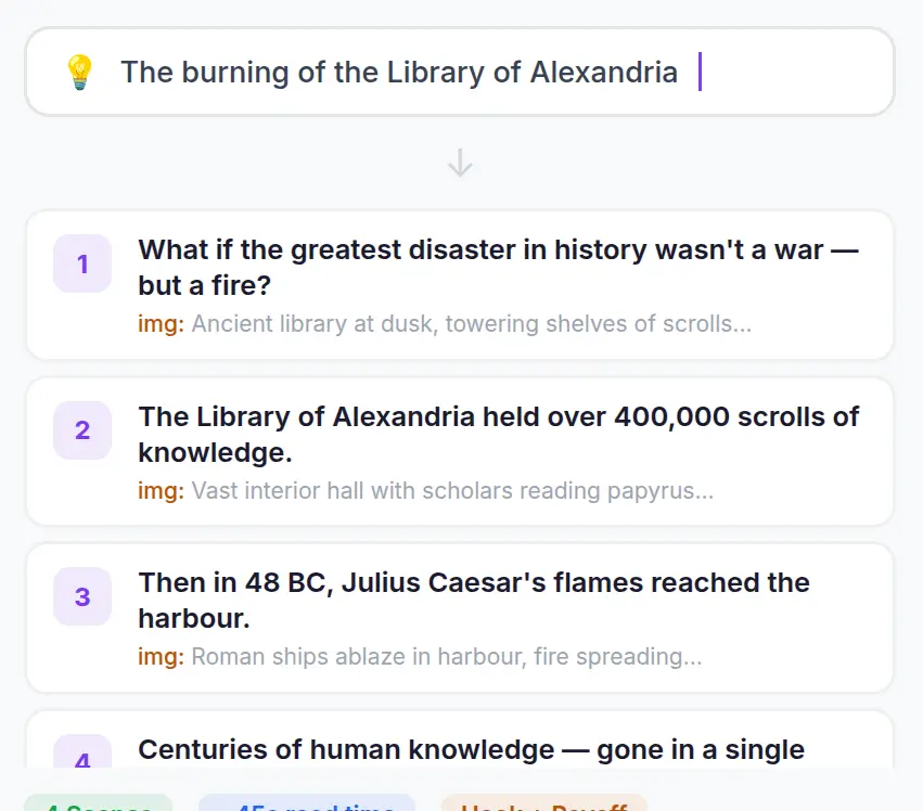 AI script generation interface creating engaging video hooks and narratives